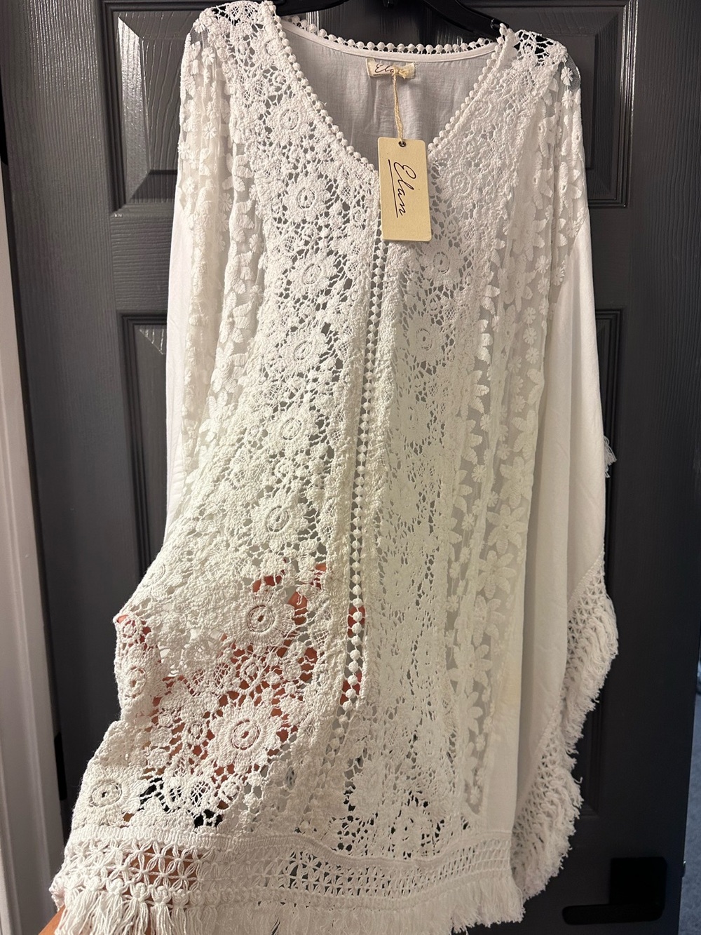 Elan White Crochet and Lace Boho Fringe Swim Coverup OS (S, M, L) - Picture 6 of 16